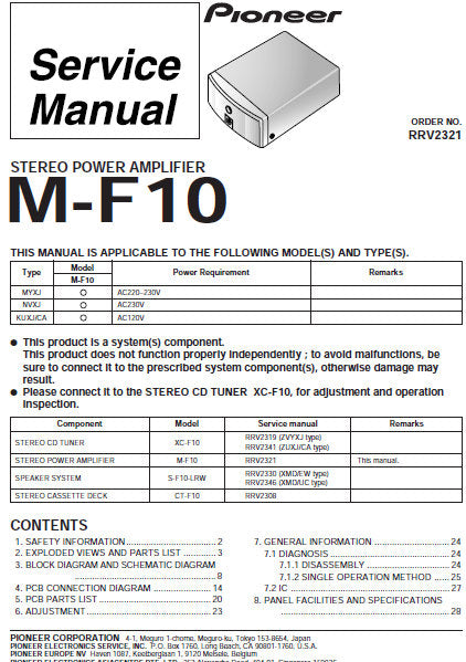 PIONEER M-F10 STEREO POWER AMPLIFIER SERVICE MANUAL INC BLK DIAG PCBS SCHEM DIAGS AND PARTS LIST 28 PAGES ENG