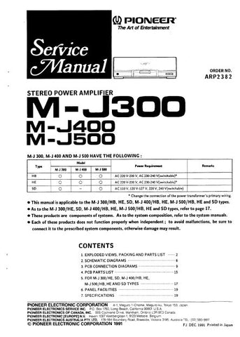 PIONEER M-J300 M-J400 M-J500 STEREO POWER AMPLIFIER SERVICE MANUAL INC PCBS SCHEM DIAG AND PARTS LIST 15 PAGES ENG