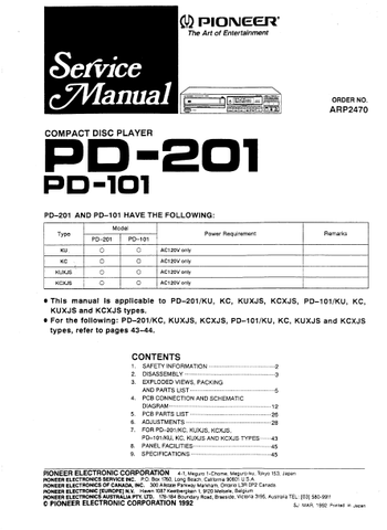 PIONEER PD-101 PD-201 CD PLAYER SERVICE MANUAL INC PCBS SCHEM DIAG AND PARTS LIST 37 PAGES ENG