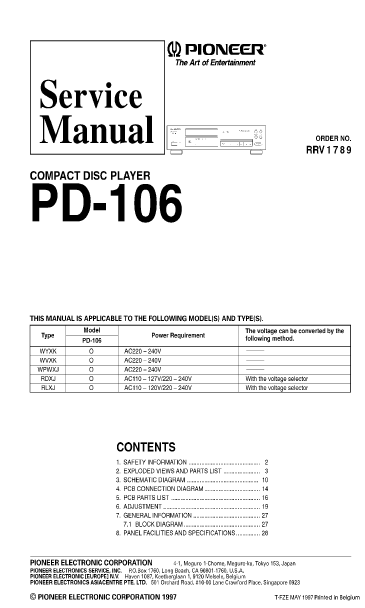 PIONEER PD-106 CD PLAYER SERVICE MANUAL INC BLK DIAG PCBS SCHEM DIAG AND PARTS LIST 28 PAGES ENG