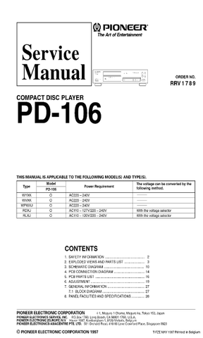 PIONEER PD-106 CD PLAYER SERVICE MANUAL INC BLK DIAG PCBS SCHEM DIAG AND PARTS LIST 28 PAGES ENG