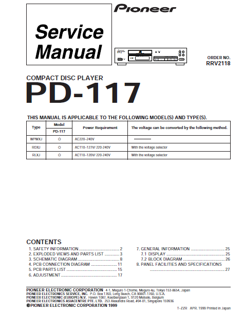 PIONEER PD-117 CD PLAYER SERVICE MANUAL INC BLK DIAG PCBS SCHEM DIAG AND PARTS LIST 27 PAGES ENG