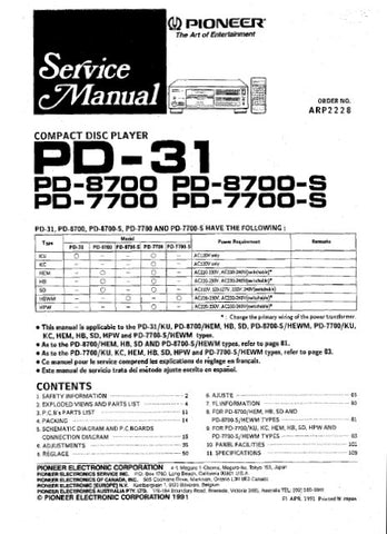 PIONEER PD-31 PD-7700 PD-7700-S PD-8700 PD-8700-S CD PLAYER SERVICE MANUAL INC PCBS SCHEM DIAGS AND PARTS LIST 103 PAGES ENG