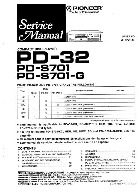 PIONEER PD-32 PD-S701 PD-S701-G CD PLAYER SERVICE MANUAL INC PCBS SCHEM DIAG AND PARTS LIST 65 PAGES ENG