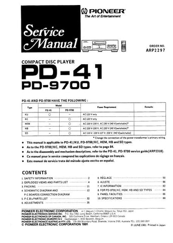 PIONEER PD-41 PD-9700 CD PLAYER SERVICE MANUAL INC PCBS SCHEM DIAGS AND PARTS LIST 42 PAGES ENG