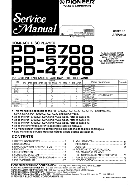 PIONEER PD-4700 PD-5700 PD-6700 CD PLAYER SERVICE MANUAL INC PCBS SCHEM DIAG AND PARTS LIST 83 PAGES ENG
