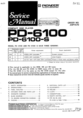 PIONEER PD-6100 PD-6100-S CD PLAYER SERVICE MANUAL INC BLK DIAG PCBS SCHEM DIAG AND PARTS LIST 74 PAGES ENG