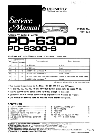 PIONEER PD-6300 PD-6300-S CD PLAYER SERVICE MANUAL INC PCBS SCHEM DIAG AND PARTS LIST 63 PAGES ENG