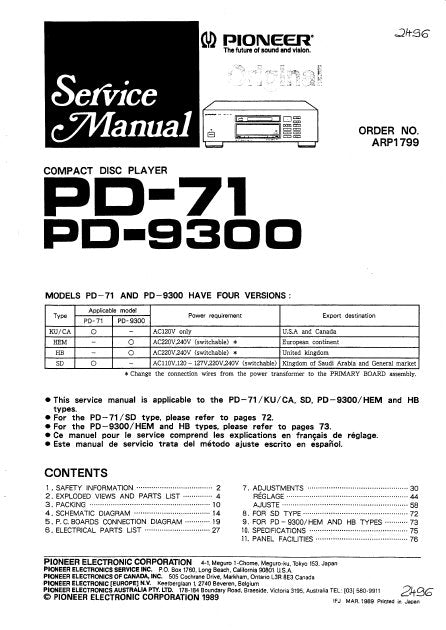 PIONEER PD-71 PD-9300 CD PLAYER SERVICE MANUAL INC PCBS SCHEM DIAGS AND PARTS LIST 68 PAGES ENG