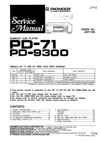 PIONEER PD-71 PD-9300 CD PLAYER SERVICE MANUAL INC PCBS SCHEM DIAGS AND PARTS LIST 68 PAGES ENG