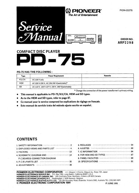 PIONEER PD-75 CD PLAYER SERVICE MANUAL INC PCBS SCHEM DIAGS AND PARTS LIST 79 PAGES ENG