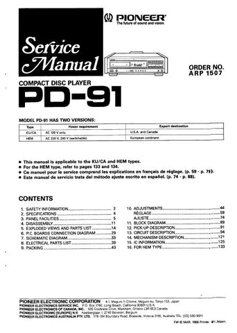 PIONEER PD-91 CD PLAYER SERVICE MANUAL INC BLK DIAG PCBS SCHEM DIAG AND PARTS LIST 116 PAGES ENG