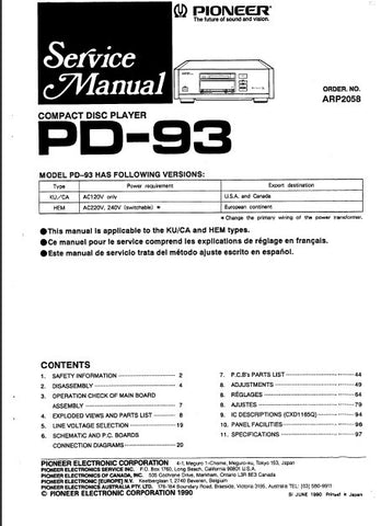 PIONEER PD-93 CD PLAYER SERVICE MANUAL INC PCBS SCHEM DIAG AND PARTS LIST 52 PAGES ENG