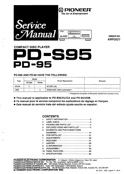 PIONEER PD-95 PD-S95 CD PLAYER SERVICE MANUAL INC PCBS SCHEM DIAGS AND PARTS LIST 72 PAGES ENG