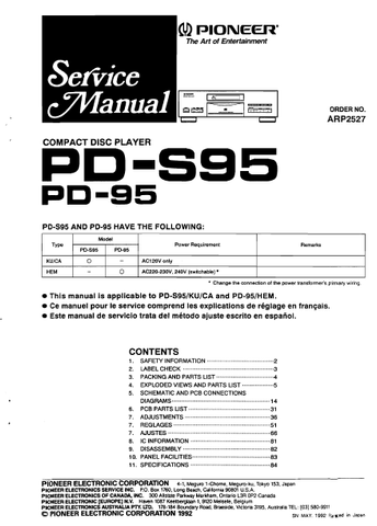 PIONEER PD-95 PD-S95 CD PLAYER SERVICE MANUAL INC PCBS SCHEM DIAGS AND PARTS LIST 72 PAGES ENG