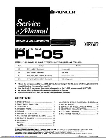 PIONEER PL-05 STEREO TURNTABLE SERVICE MANUAL INC PCBS SCHEM DIAGS AND PARTS LIST 25 PAGES ENG