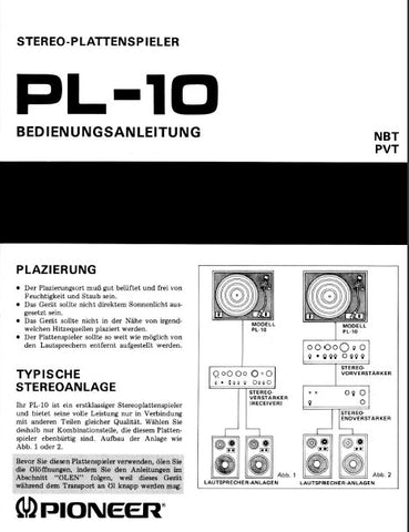 PIONEER PL-10 STEREO-PLATTENESPIELER BEDIENUNGSANLEITUNG 11 SEITE DEUT