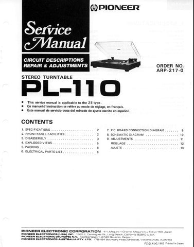 PIONEER PL-110 STEREO TURNTABLE SERVICE MANUAL INC PCBS SCHEM DIAG AND PARTS LIST 13 PAGES ENG