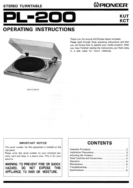 PIONEER PL-200 STEREO TURNTABLE OPERATING INSTRUCTIONS 8 PAGES ENG
