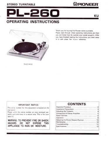 PIONEER PL-260 STEREO TURNTABLE OPERATING INSTRUCTIONS 12 PAGES ENG