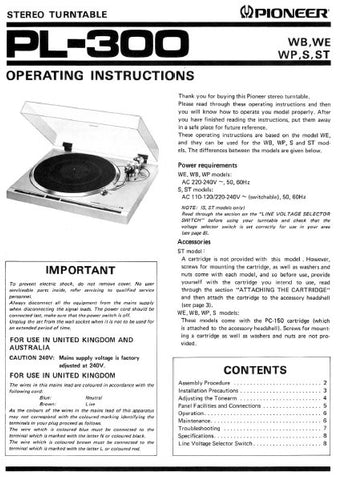 PIONEER PL-300 STEREO TURNTABLE OPERATING INSTRUCTIONS 8 PAGES ENG