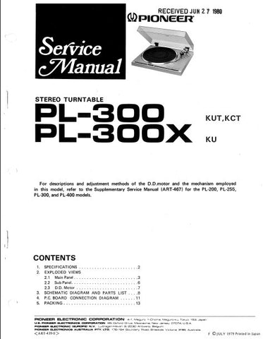 PIONEER PL-300 PL-300X STEREO TURNTABLE SERVICE MANUAL INC PCBS SCHEM DIAG AND PARTS LIST 11 PAGES ENG