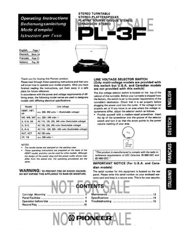PIONEER PL-3F STEREO TURNTABLE OPERATING INSTRUCTIONS 14 PAGES ENG