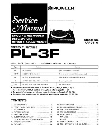 PIONEER PL-3F STEREO TURNTABLE SERVICE MANUAL INC BLK DIAG PCBS SCHEM DIAG AND PARTS LIST 47 PAGES ENG