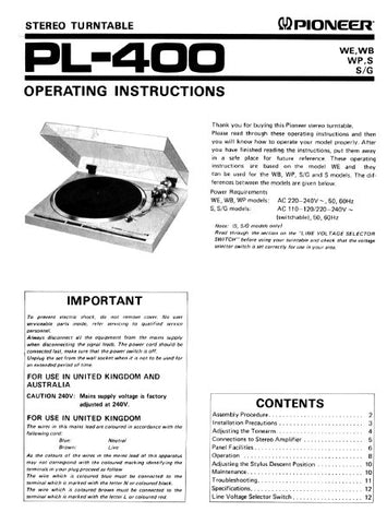 PIONEER PL-400 STEREO TURNTABLE OPERATING INSTRUCTIONS 12 PAGES ENG