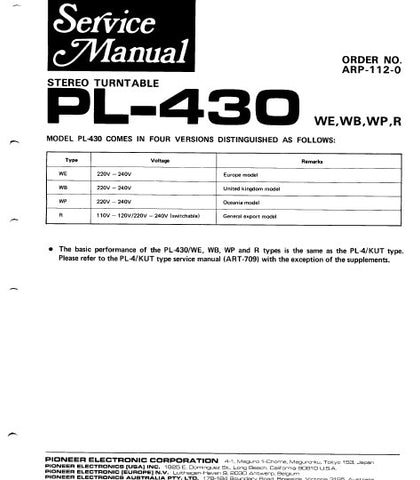 PIONEER PL-430 STEREO TURNTABLE SERVICE MANUAL INC PCBS SCHEM DIAG AND PARTS LIST 8 PAGES ENG