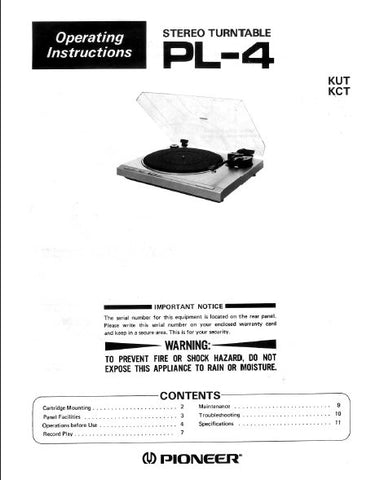 PIONEER PL-4 STEREO TURNTABLE OPERATING INSTRUCTIONS 12 PAGES ENG