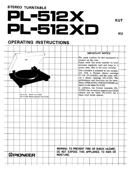 PIONEER PL-512X PL-512XD STEREO TURNTABLE OPERATING INSTRUCTIONS 9 PAGES ENG