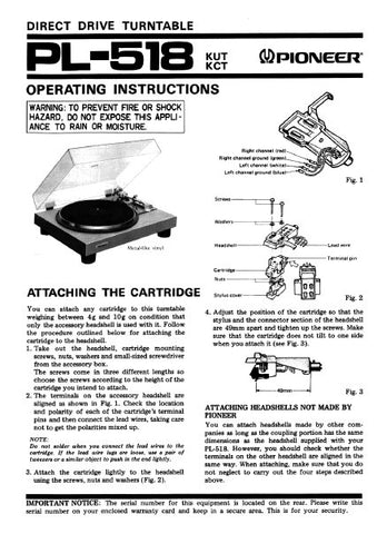 PIONEER PL-518 DIRECT DRIVE TURNTABLE OPERATING INSTRUCTIONS 8 PAGES ENG