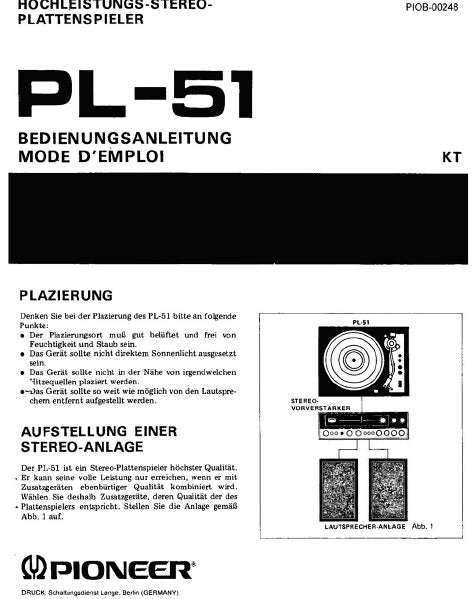 PIONEER PL-51 HOCHLEISTUNGS-STEREO-PLATTENSPIELER BEDIENUNGSANLEITUNG MODE D'EMPLOI 9 PAGES DEUT FRANC