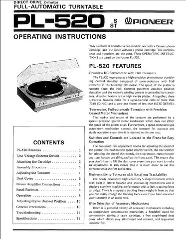 PIONEER PL-520 DIRECT DRIVE 2 MOTOR FULL-AUTOMATIC TURNTABLE OPERATING INSTRUCTIONS 11 PAGES ENG