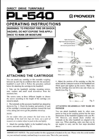 PIONEER PL-540 DIRECT DRIVE TURNTABLE OPERATING INSTRUCTIONS 7 PAGES ENG