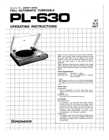 PIONEER PL-630 QUARTZ PLL DIRECT DRIVE FULL AUTOMATIC TURNTABLE OPERATING INSTRUCTIONS 16 PAGES ENG