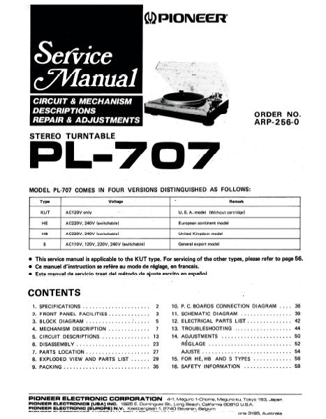 PIONEER PL-707 STEREO TURNTABLE SERVICE MANUAL INC BLK DIAG PCBS SCHEM DIAG AND PARTS LIST 50 PAGES ENG