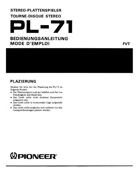 PIONEER PL-71 STEREO-PLATTENSPIELER BEDIENUNGSANLEITUNG 10 SEITE DEUT