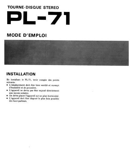 PIONEER PL-71 TOURNE DISQUE STEREO MODE D'EMPLOI 10 PAGES FRANC