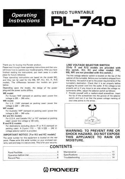 PIONEER PL-740 STEREO TURNTABLE OPERATING INSTRUCTIONS 15 PAGES ENG