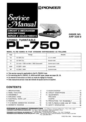 PIONEER PL-750 STEREO TURNTABLE SERVICE MANUAL INC BLK DIAG PCBS SCHEM DIAG AND PARTS LIST 48 PAGES ENG