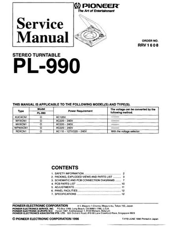 PIONEER PL-990 STEREO TURNTABLE SERVICE MANUAL INC PCBS SCHEM DIAG AND PARTS LIST 12 PAGES ENG