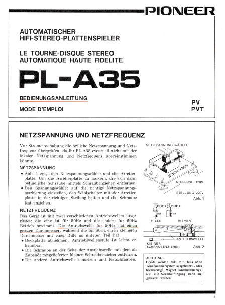 PIONEER PL-A35 AUTOMATISCHER HIFI STEREO PLATTENSPIELER BEDIENUNGSANLEITUNG 13 SEITE DEUT