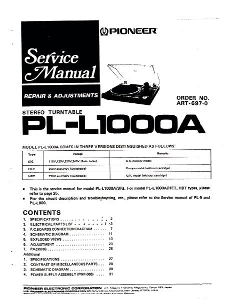 PIONEER PL-L1000A STEREO TURNTABLE SERVICE MANUAL INC PCBS SCHEM DIAG AND PARTS LIST 20 PAGES ENG