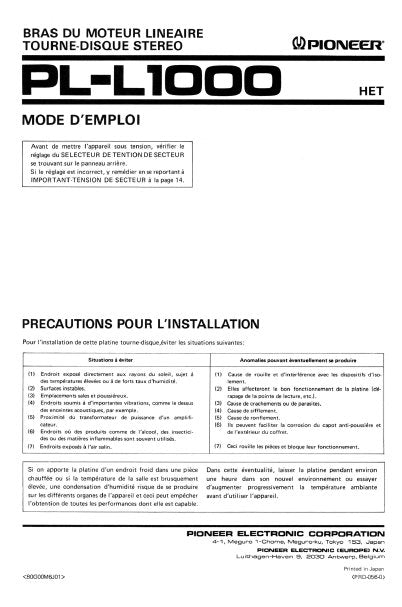 PIONEER PL-L1000 TOURNE DISQUE STEREO MODE D'EMPLOI 15 PAGES FRANC