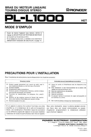 PIONEER PL-L1000 TOURNE DISQUE STEREO MODE D'EMPLOI 15 PAGES FRANC