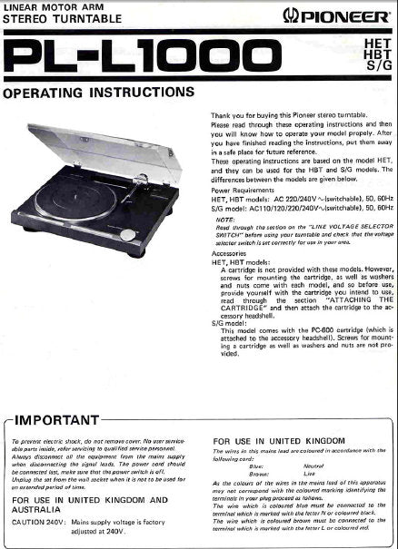 PIONEER PL-L1000 LINEAR MOTOR ARM STEREO TURNTABLE OPERATING INSTRUCTIONS 17 PAGES ENG