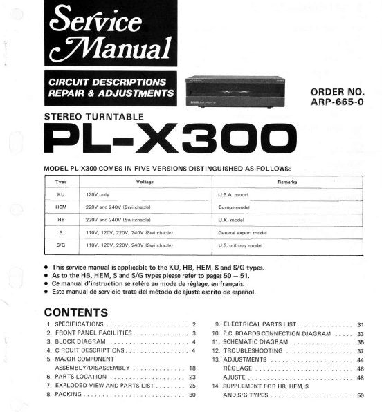PIONEER PL-X300 STEREO TURNTABLE SERVICE MANUAL INC BLK DIAG PCBS SCHEM DIAG AND PARTS LIST 41 PAGES ENG