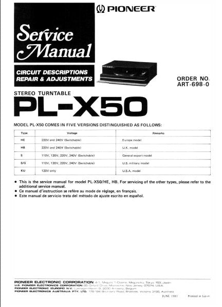 PIONEER PL-X50 STEREO TURNTABLE SERVICE MANUAL INC BLK DIAG PCBS SCHEM DIAG AND PARTS LIST 50 PAGES ENG